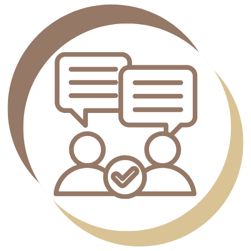 a white circle with two people and a check mark